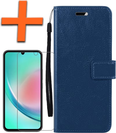 Hoes - Met Screenprotector - Geschikt voor Samsung Galaxy A34 - Luxe Pasjeshouder - Bookcase Portemonee - Flip Case - Kunstleer Book Case - Flipcase - Book Cover - Walletcase - PortemonneeHoes - Donkerblauw