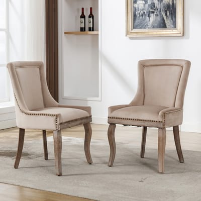 Luxe eetkamerstoel (Keukenstoel woonkamerstoel, 2 stuks), gestoffeerde stoel met nagelkopversiering, massief houten poten, bekleding van fluweel, beige