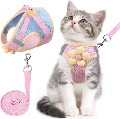 Ulisem - Kattentuigje en riemset - voor wandelen - ontsnappingsbestendig - verstelbaar kittentuigje van ademend mesh met reflecterende strepen - tuigje met bloemmotief voor kitten, puppy en konijn - pink - XS