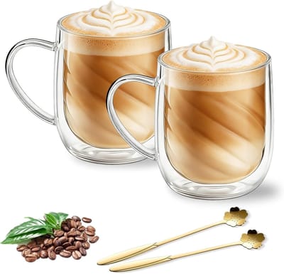 Dubbelwandige koffieglazen voor Latte Macchiato, cappuccino en thee - 350 ml met handvat en lepels (set van 2)