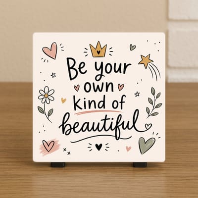 Wenstegeltje - Be your own kind of beautiful – Cadeautegel met Tekst – Perfect Cadeau voor verjaardagen, vriendinnen, collega’s of als motivatie voor jezelf - Trendy nu - Decoratief Tegeltje met Standaard – Cadeau Idee