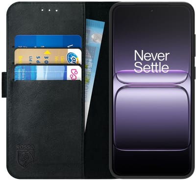 Rosso Deluxe Echt Leer Hoesje Geschikt voor OnePlus Nord 5 | Ruimte voor drie pasjes | Portemonnee Book Case | Met Pasjeshouder | Zwart