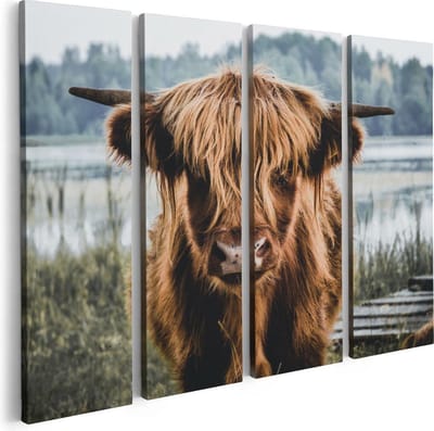 Artaza Canvas Schilderij Vierluik Schotse Hooglander Koeienkop Bij Een Meer - 80x60 - Foto Op Canvas - Canvas Print