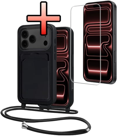 Hoes Geschikt voor iPhone 17 Pro Hoesje Pasjeshouder Cover Met Koord Case Siliconen Hoes Met Telefoonkoord en Kaarthouder Met Screenprotector - Zwart