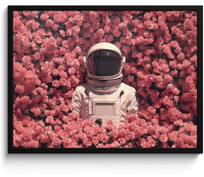 Poster in lijst - Fotolijst 80x60 cm - Posters - Bloemen - Roze - Astronaut - Posterlijst zwart - Decoratie - Wanddecoratie woonkamer - Muurdecoratie slaapkamer