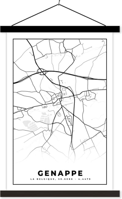 Posterhanger incl. Poster 40x60 cm - Schoolplaat - Stadskaart – Plattegrond – België – Zwart Wit – Genappe – Kaart - Textielposter - Zwarte latten - Stadskaart