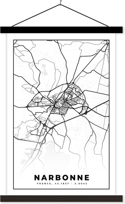 Posterhanger incl. Poster 40x60 cm - Schoolplaat - Plattegrond - Narbonne - Kaart - Frankrijk - Stadskaart - Zwart wit - Textielposter - Zwarte latten - Stadskaart