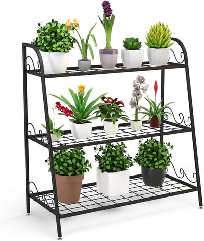 COSTWAY Metalen bloementrap, 3-traps plantenstandaard, plantenrek, tentoonstellingsrek voor binnen en buiten, plantenrek, bloemenrek met verstelbare poten, voor terras, tuin, balkon