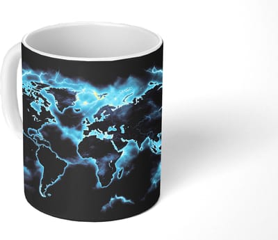 Mok - Koffiemok - Wereldkaart - Bliksem - Blauw - Mokken - 350 ML - Beker - Koffiemokken - Theemok