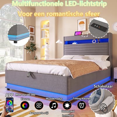 VVBV Gestoffeerd Opbergbed 90x200 cm - Hydraulische Opbergruimte, App-bediening, USB-C - Linnen Grijs - Zonder Matras