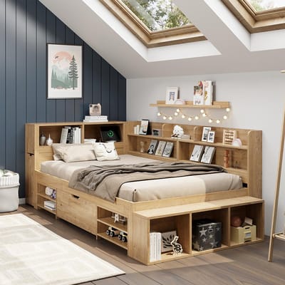 BLACKCOLORS Kinderbed, bed met opbergruimte, massief houten bed, 90 x 200 cm, eenpersoonsbed, multifunctioneel kinderbed met nachtkastjes, planken en opbergkasten, met draadloos opladen, zonder matras, naturel