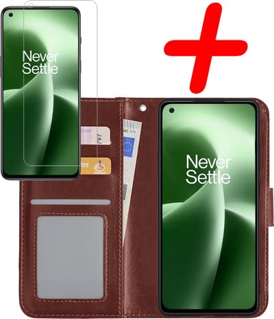Hoesje Met Screenprotector - Geschikt voor OnePlus Nord 2T - Luxe Pasjeshouder - Bookcase Portemonee - Flip Case - Kunstleer Book Case - Flipcase - Book Cover - Walletcase - Portemonneehoes - Bruin