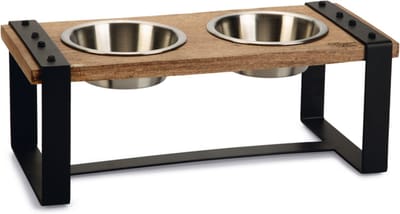 Designed by Lotte Karinto Voerbak Hond - Dinerset - Eetbak/Drinkbak Hond - Hout/metaal - 2x650ml - Size M