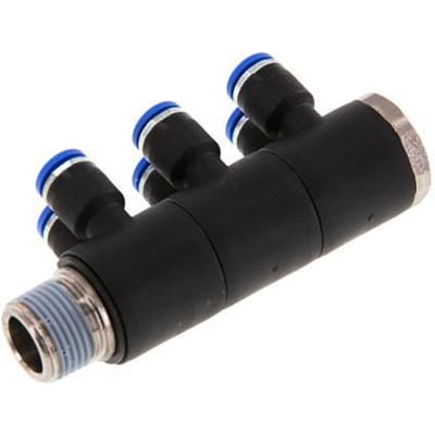 6mm x R3/8'' 6-way Manifold Messing/PA 66 Insteekfitting Buitendraad Draaibaar NBR