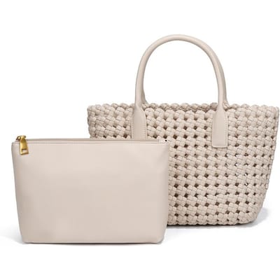 Niche Handheld Groentemand Dames Tas, Gepersonaliseerde Windmolen Knoop Handgeweven Tas, Retro Casual Veelzijdige Moeder en Kind Tas white