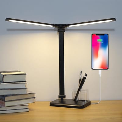 StayPowered Dual Swing Arm LED bureaulamp - Dynamische verlichting voor optimaal comfort - 5 Modi - Touch Control - 45 min Auto-Off - USB Oplaad - Geheugenfunctie - Penhouder - Zwart - Levering Sneller dan Aangegeven!