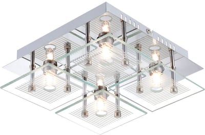 Woonkamerlamp plafondlamp eetkamerlamp, 4 vlammen, glas chroom wit helder gestreept, G9 fitting, LxBxH 21x21x7cm