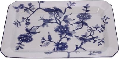 Schaal plat Bloemen/vogels blauw/wit RH 34x3x22,5cm