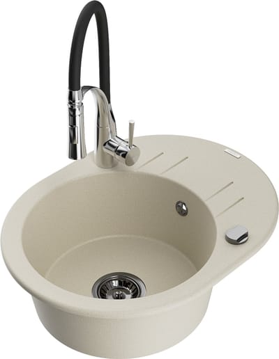 Mexen Kevin granieten gootsteen 1-kompers met afdruiprek en keukenmengkraan Aster, beige - 6517-69-73450-07-B