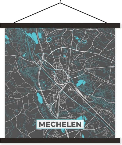 Posterhanger incl. Poster 60x60 cm - Schoolplaat - Kaart – Plattegrond – Stadskaart – Mechelen – België - Grijs - Textielposter - Zwarte latten - Stadskaart