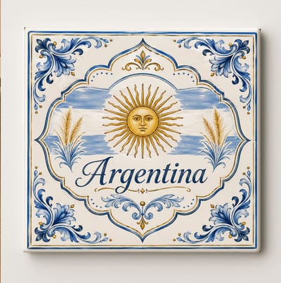 Argentinië Decoratieve Tegel – Blauw Wit Zon Design – Vierkante Wanddecoratie Cadeau voor Argentinië Fans