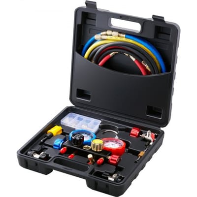 VEVOR Koelmiddeldrukmeter 4-weg set voor auto's, geschikt voor R134A-R12-R410A-R22 airconditioning, inclusief 4 stuks vulslangen van 1,5 meter, koelmiddeldrukmeter en diagnosegereedschap voor auto-airconditioningsystemen.