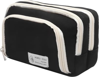 Drie-laags zwarte etui met grote capaciteit voor school, minimalistisch ontwerp, perfect voor studenten en schrijfgerei.