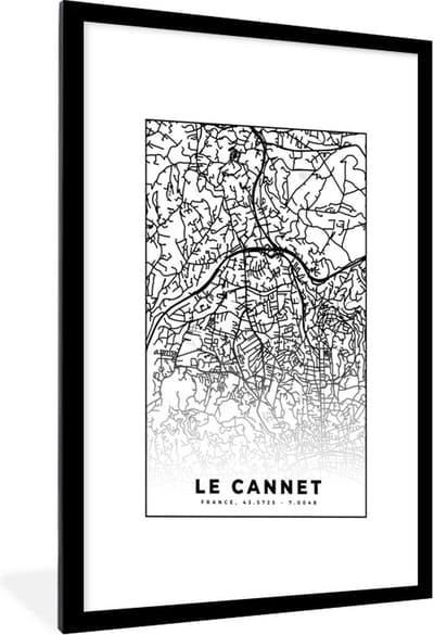 Fotolijst incl. Poster Zwart Wit- Kaart - Plattegrond - Le Cannet - Frankrijk - Stadskaart - Zwart wit - 60x90 cm - Posterlijst