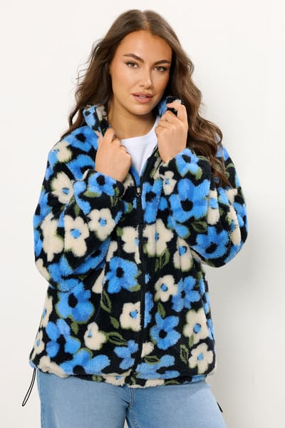 Yours Zwartblauwe Fleecejas Met Bloemenprint Size 46