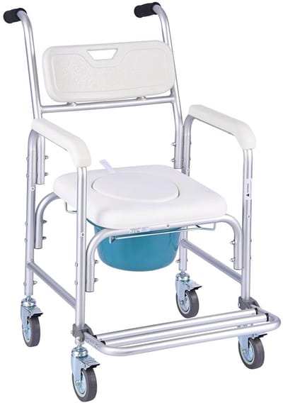 Draagbare badstoel - Toiletstoel met wielen - Thuiszorg Mobiliteit - Verhoogde zitting en rugleuning - Capaciteit 159 kg - Wit