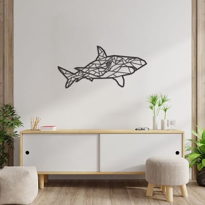 Geometrische Wanddecoratie Haai - Geometrische Muurdecoratie Haai - Geometrische Haai - Muurdecoratie Hout - Wanddecoratie Hout - Muurdecoratie Woonkamer - Wanddecoratie Woonkamer - Wanddecoratie Industrieel - Wanddecoratie Dieren - 89 x 42 cm