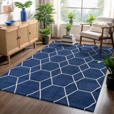 Muratap Trellis uni effen laagpolig vloerkleed modern navy- 80x200 cm
