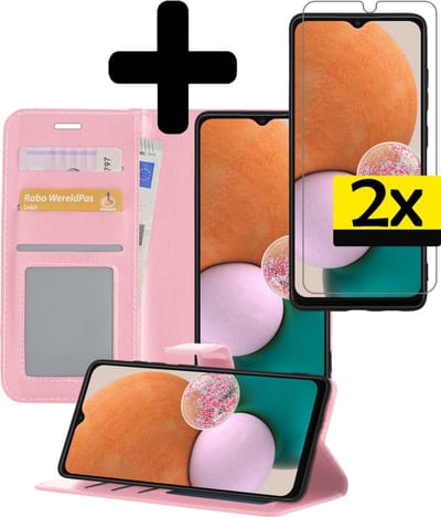 Hoesje - Met 2x Screenprotector - Geschikt voor Samsung Galaxy A13 4G - Luxe Pasjeshouder - Bookcase Portemonee - Flip Case - Kunstleer Book Case - Flipcase Hoes - Book Cover - Walletcase - Portemonneehoes - Telefoonhoesjes - Lichtroze