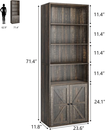 Boekenkast- opbergrek met 4 planken- opbergmeubel met 2 vakken en 2 deuren- voor kantoor- slaapkamer- woonkamer- 60x30x181cm- Donkere eik