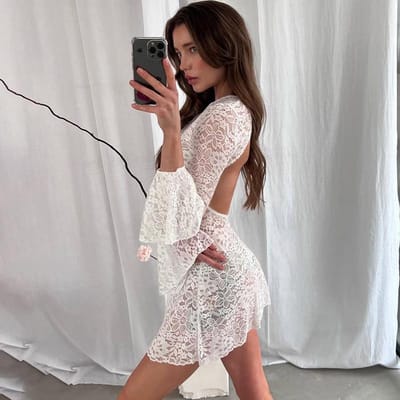 Robe portefeuille d'été pour femme Talenza Mode Sexy Dentelle Transparente Vacances à la Plage Élégante Taille Haute Bodycon Robe décontractée pour femme S white
