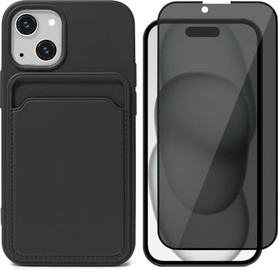 Hoesje Pasjeshouder geschikt voor iPhone 15 - Privacy Screenprotector FullGuard - Siliconen Case Back Cover Zwart & Screen Protector