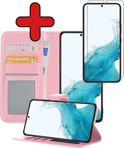 Hoesje - Met Screenprotector - Geschikt voor Samsung Galaxy S22 - Luxe Pasjeshouder - Flipcase - Bookcase Portemonee - Flip Case - Kunstleer Book Case - Book Cover - Walletcase - Portemonneehoes - Telefoonhoes - Lichtroze