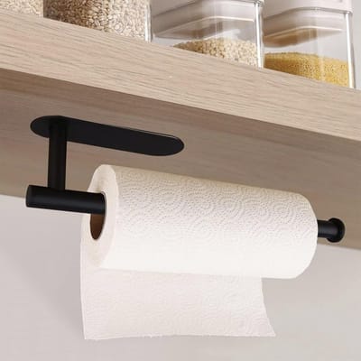 SnelShoppen - Keukenrolhouder onder de kast, zelfklevend, roestvrij staal, matzwart, papieren handdoekhouder voor keuken, badkamer, eetkamer, compact