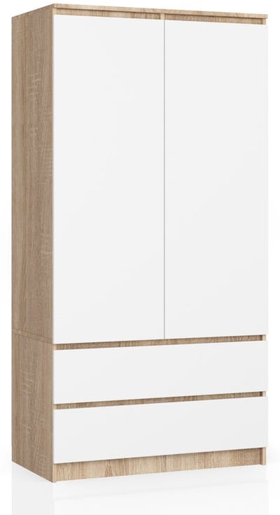 Kleidingkast S90 met 2 Deuren en 2 Lades / AKORD Furniture Factory / Sonoma Eik - Wit / 90 x 180 x 51 cm