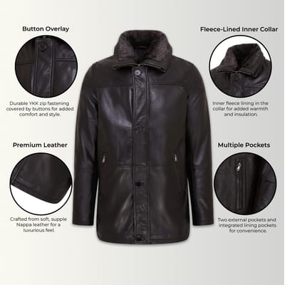 Heren Zwarte Mid-Length Warme Leren Trenchcoat - Varkaus