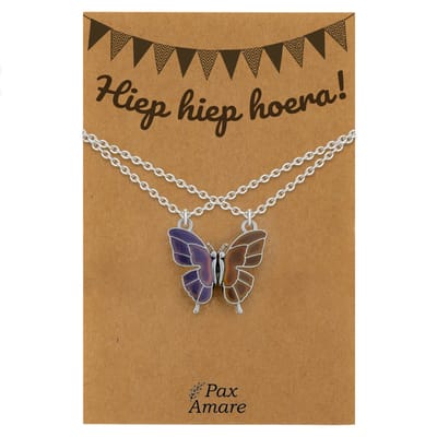 BFF Ketting voor 2 'Hiep Hiep Hoera' - Vlinder VERANDERT VAN KLEUR - Vriendschapsketting op Cadeau Kaartje - 45cm + 5cm verstelbaar - Zilverkleurig - Verjaardags Hanger - Pax Amare