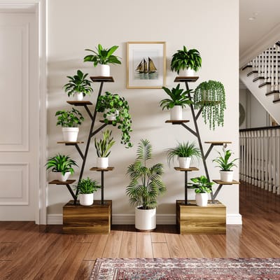 Plantenstandaard in takvorm (2 stuks), met groeilamp en opbergkast, multifunctionele moderne plantenstandaard, geschikt voor woonkamer en balkon | Plantenstandaards van metaal en hout