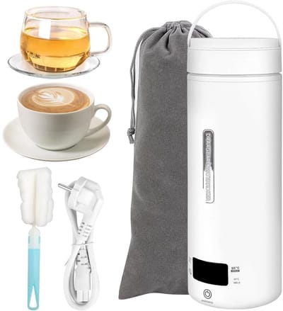 GELLDG Draagbare reiswaterkoker - 450 ml - Mini-waterkoker - 3-in-1 - 4 temperatuurinstellingen - Geschikt voor het zetten van thee, koffie en melk, kamperen, buitenactiviteiten en reizen.