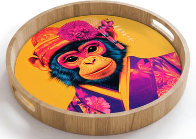 Dienblad rond 40x40 cm - Schootdienblad hout - Aap - Kimono - Bloemen - Hoofdtooi - Borrelplank rechthoek - Plateau houten dienbladen