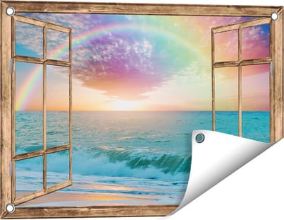 Gards Tuinposter Doorkijk Regenboog in het Water bij het Strand - 60x40 cm - Tuindoek - Tuindecoratie - Wanddecoratie buiten - Tuinschilderij