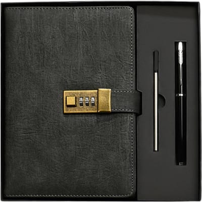 Vintage A5 Notitieboek PU Gecoate Agenda met 3-cijferig Slot Notitieblok Retro Softcover met Pen & Geschenkdoos