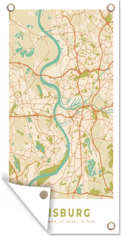 Schuttingposter Vintage - Kaart - Duisburg - Plattegrond - Stadskaart - 100x200 cm - Tuindoek