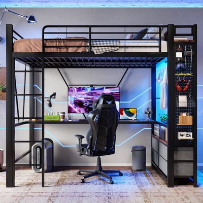 Hogeslaapbed - 90x200 Cm Zwart Met Ledstrip, Bureau, 4 Lades, Usb+Type-C, Kledingstang En Pegboard