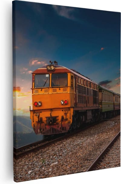 Artaza Canvas Schilderij Zonsondergang - 40x50 cm - Wanddecoratie Bergen - Muurdecoratie Trein - Kamer Accessoires Natuur