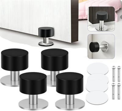 Deurstopper voor Vloer en Wand – Zelfklevend & Schroefbaar – Roestvrij Staal – Extra Dik Rubber – Geluidsdempend – 1,5 Inch (40 mm) – 4 Stuks – Zwart